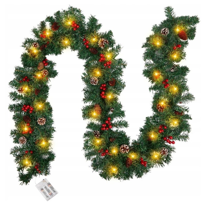 Karácsonyi dekoratív girland LED lámpákkal, 270cm, zöld, szett