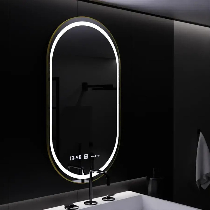 Oglinda LED Ovala Roven Senzor MotionGlow Marcello 50*80, IP44, Lumina dimabila, Senzor MotionGlow, Dezaburire, Ceas si Termometru