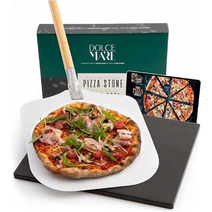 Piatra de copt pizza Dolce Mare, dreptunghiulara, 38x30x1.5cm, cu lopata, neagra
