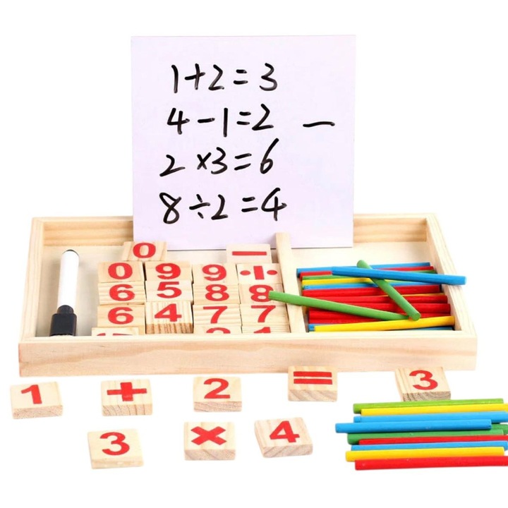 Fa matematikai doboz "Calculating Box" pálcákkal, számokkal és táblával, oktató játék, 3+ év