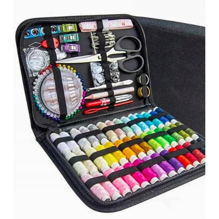 Set de cusut, 42 culori, accesorii de reparat, etui negru, compact