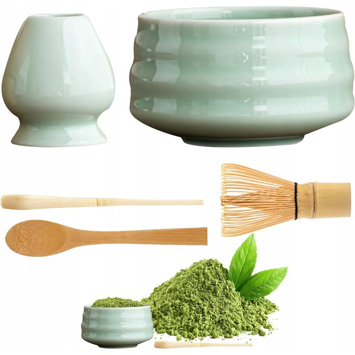 Set de Accesorii pentru Ceremonia Ceaiului Matcha, 4 piese, cyjan, bambus natural, ceramica