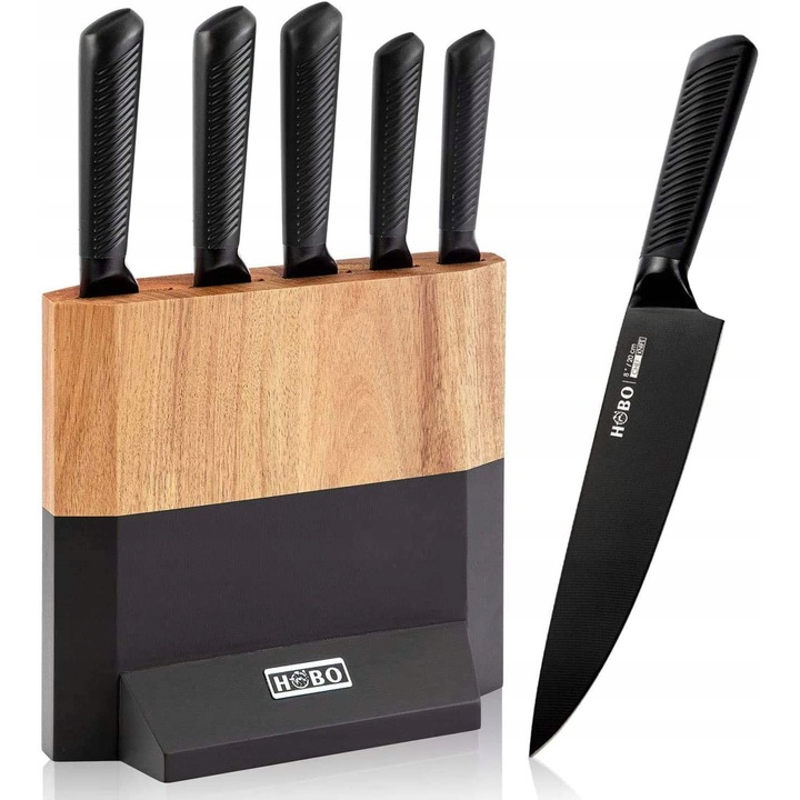 Set de cutite HOBO 6 piese, din otel inoxidabil japonez, antiaderent, cu suport din lemn, dimensiuni 36,7x24,3x10,9cm