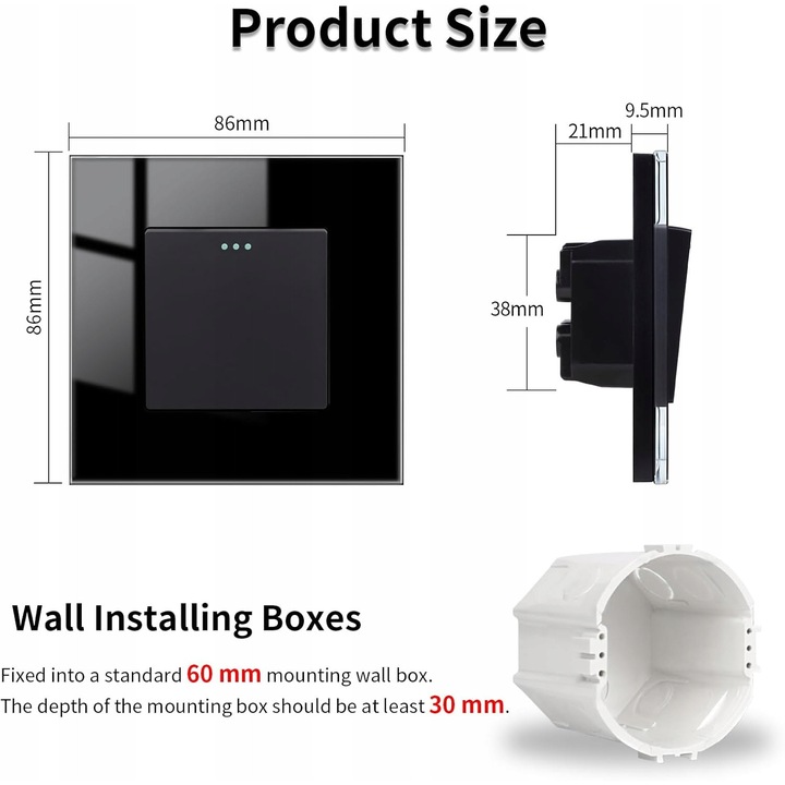 Intrerupator modern din sticla, 10A 250V, 86x86mm, 3 puncte fosforescente, negru