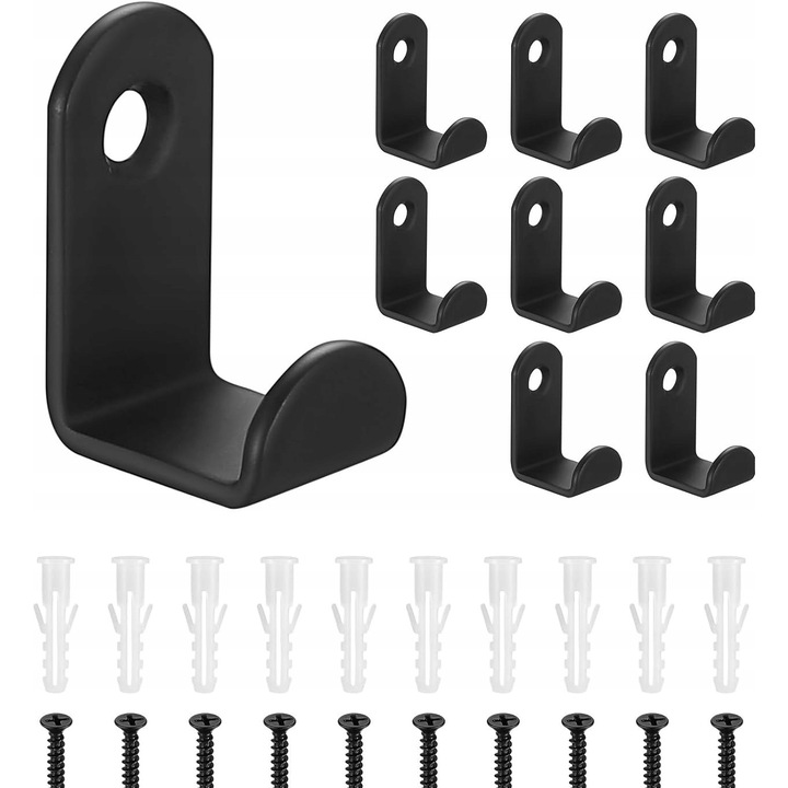 Set 12 suporturi metalice negre pentru haine, utilizare in baie si acasa, montaj pe perete, design minimalist