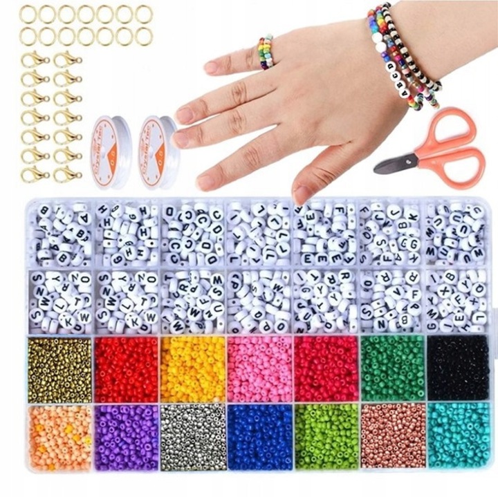 Set de 4200 de margele pentru bratari si coliere, 14 culori, 3mm, cu litere