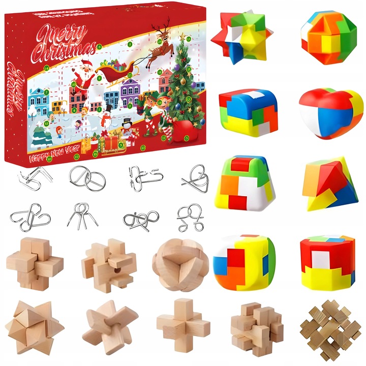 Adventi naptár, 24 puzzle, interaktív játékok gyerekeknek, 34x23cm, szett