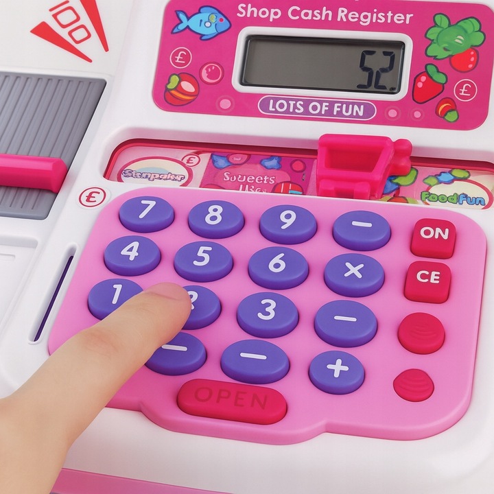 Set joaca supermarket, Kasa cu calculator, scanner, microfon, cos de cumparaturi, 3+ ani