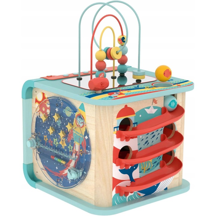 Cub educational din lemn, 5 activitati, multicolor, 30cm