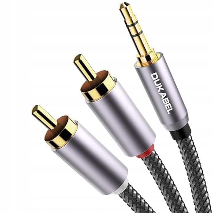 Cablul DuKabel 3,5 mm la 2x RCA, 2,4 m, audio de inalta calitate, protectie nylon, culoare neagra