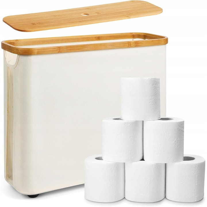 Cos de depozitare pentru hartie igienica, bambus, bej, 42x31cm, cu capac, design modern