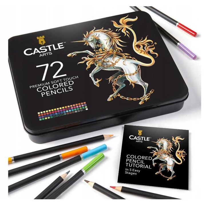 Creioane colorate Castle Arts, set 72, culori vibrante, 100% netoxice, ambalaj metalic