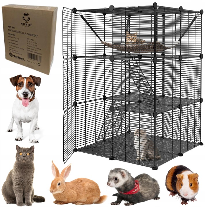 Cusca pentru animale NUXIE, 3 niveluri, cu hamac, 74x109x74cm, negru
