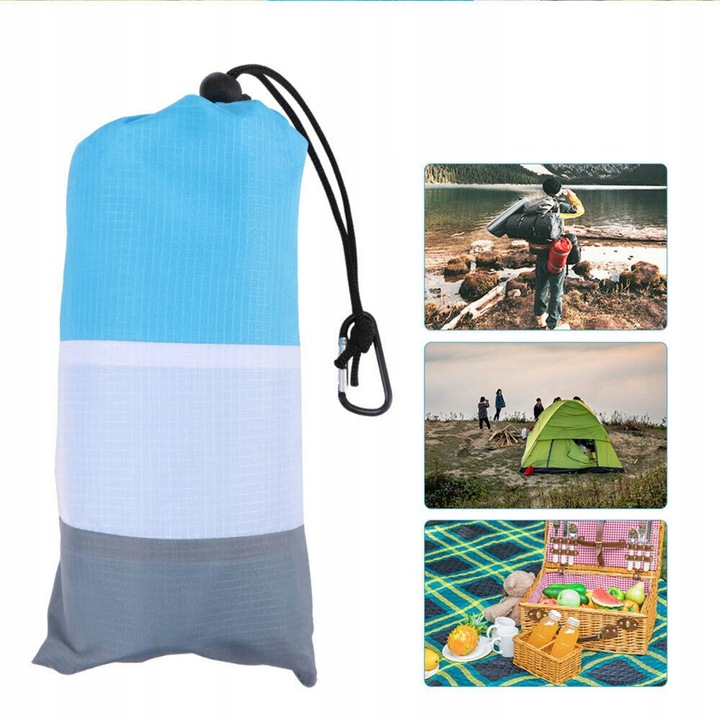 Patura plaja, 220x200cm, poliester, albastra, set cu 4 cuie pentru sol