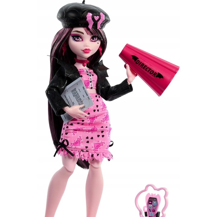 Papusa vampir, set club film, rochie cu inimioare, jacheta cu panze de paianjen, multicolor, pentru copii de la 4 ani