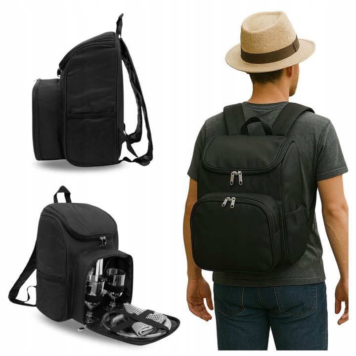 Rucsac termic de picnic, set pentru doua persoane, negru, 27x14x37cm