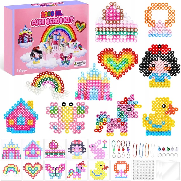 Set de margele XL 10 mm, 1200 bucati, 9 culori, 12 modele, 3 foi de hartie pentru calcat