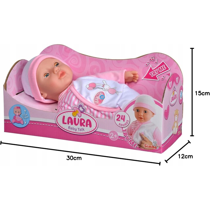 Lala interaktív baba 30 cm, hanghatásokkal, rózsaszín-fehér, csukódó szemekkel, 2 éves kortól