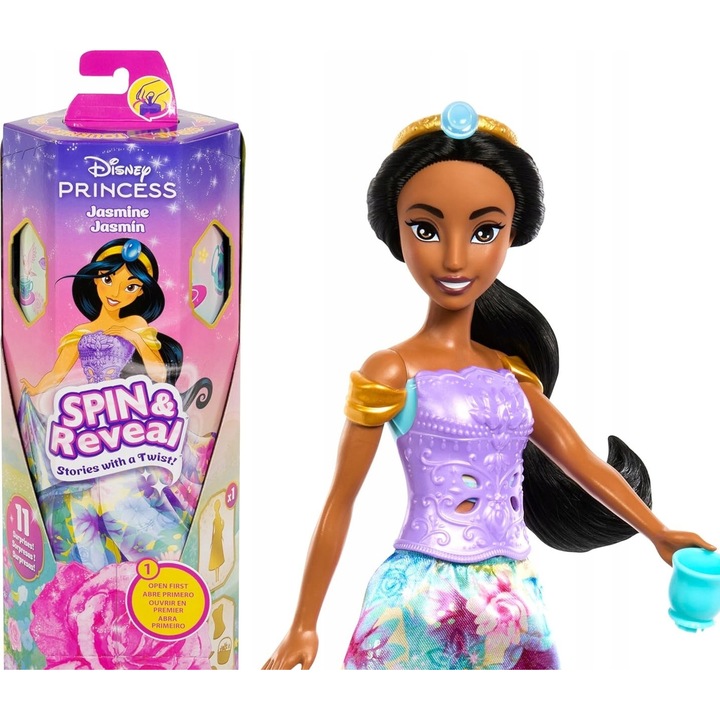 Set papusa Jasmin Spin & Reveal, 11 surprize, scena de joaca, multicolor, pentru copii de la 3 ani
