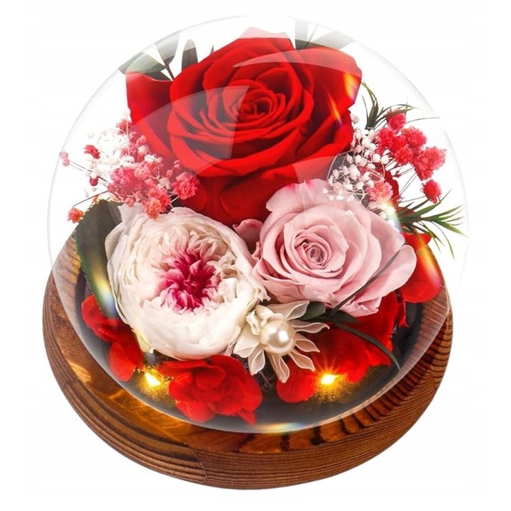 Glob de cristal cu trandafir stabilizat, iluminare LED, 15x15x20cm, Galaxy