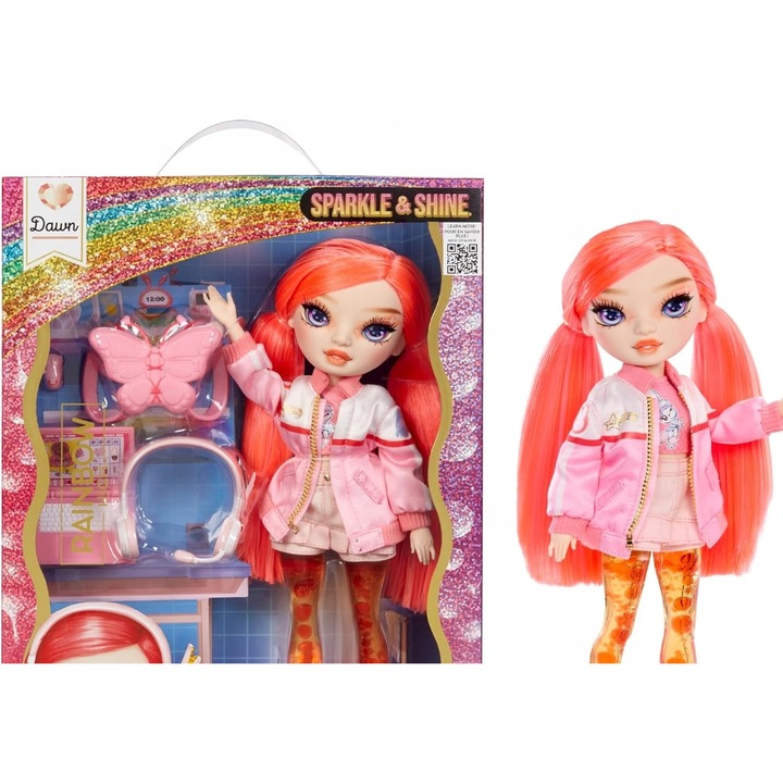 Papusa, set cu accesorii, 28cm, par rosu, pentru copii 4+