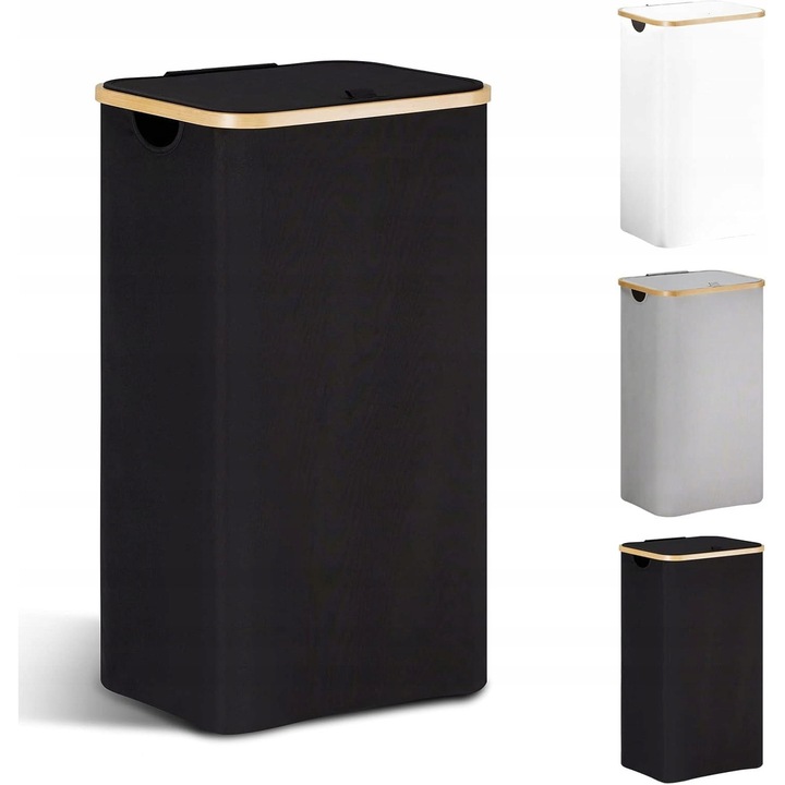 Cos de rufe pliabil 85L cu capac si sac interior din bambus, negru, rectangular