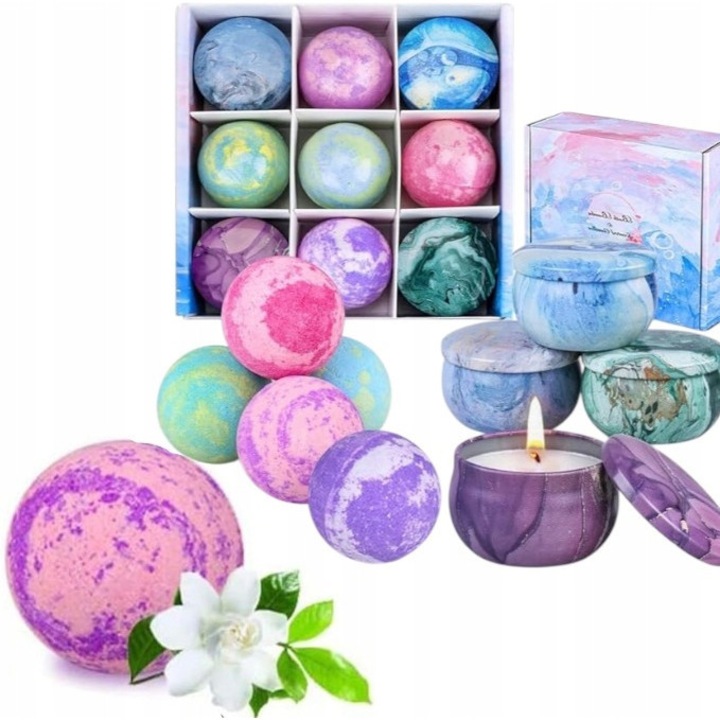 Set cadou 5 bile de baie + 4 lumanari parfumate, Galaxy, multicolor, 19,9x19,9x6,7cm