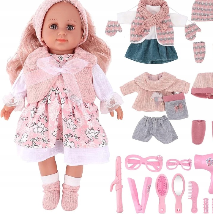 Papusa 36 cm cu par roz, set cu 3 tinute si accesorii, pentru fetite