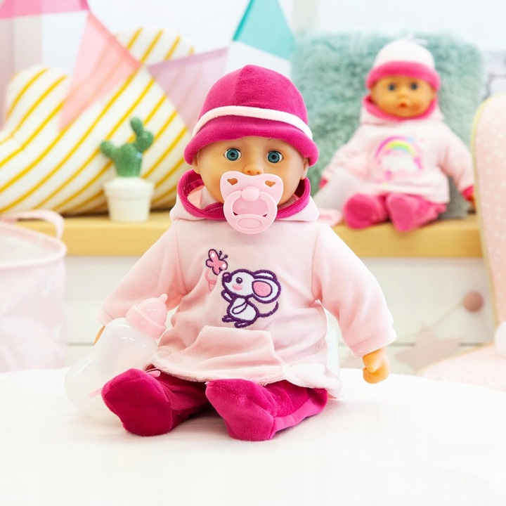 Papusa interactiva 38 cm, roz cu motivatie de soricel, sunete, set cu suzeta si sticla