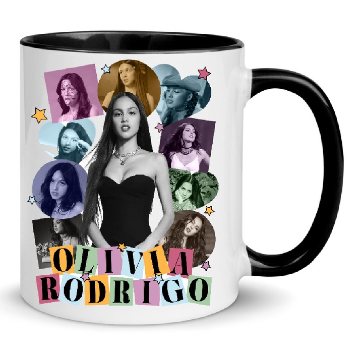 Cana ceramica Olivia Rodrigo 330ml No.4, neagra si alba, finisaj lucios, rezistenta la masina de spalat vase