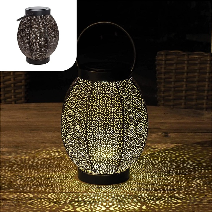 Lampa solara decorativa, model oriental, efect luminos, neagra cu interior auriu, 18,6x18,6x23,8cm