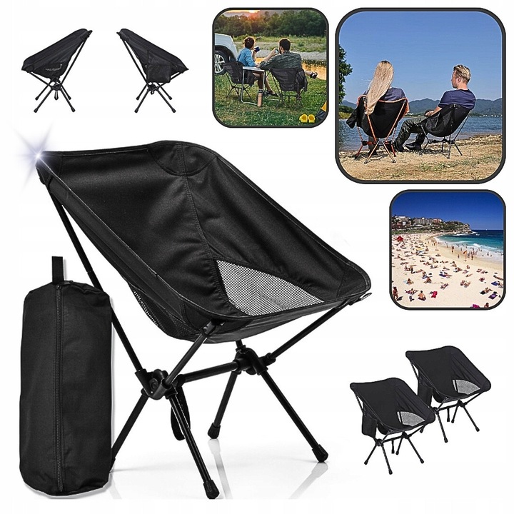 Scaun pliabil de plaja, ergonomic, negru, capacitate 120 kg, set transport.