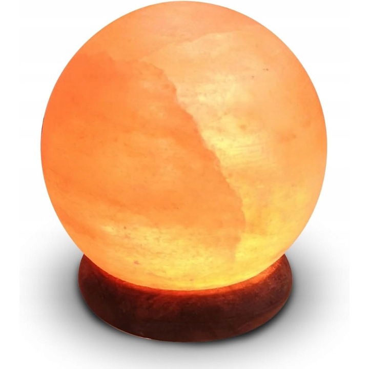 Lampa decorativa din sare himalayana cu baza din lemn, LED, port USB, 8x8x8cm, lumina portocalie