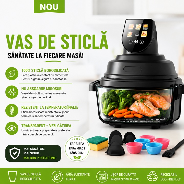 Air Fryer, friteuza cu aer cald POKKO GLASSFRY cu vas din sticla, usor de curatat, 2 vase incluse, 1500W, gatire vizibila