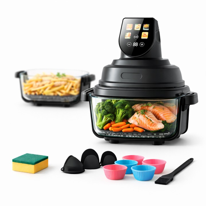 Air Fryer, friteuza cu aer cald POKKO GLASSFRY cu vas din sticla, usor de curatat, 2 vase incluse, 1500W, gatire vizibila