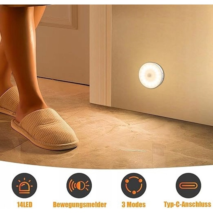 Lampa de noapte cu 14 LED-uri, 3 moduri de functionare, incarcare USB, dimensiuni 83x83x20mm