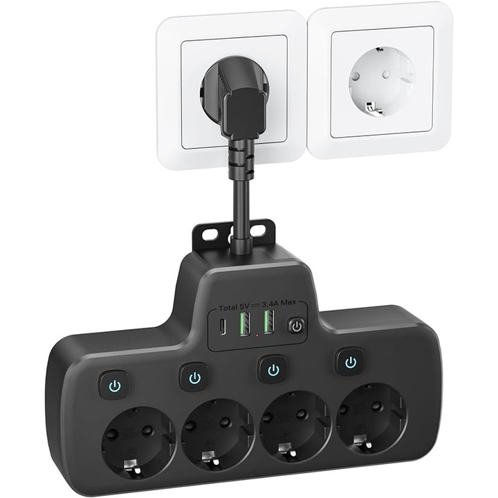 Prelungitor cu 4 gniazda, 3 porturi USB, protectie impotriva supratensiunii, negru, set complet