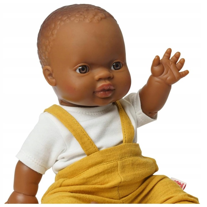 Papusa baietel 34 cm, salopeta din muselina, bumbac organic, galben miere + alb