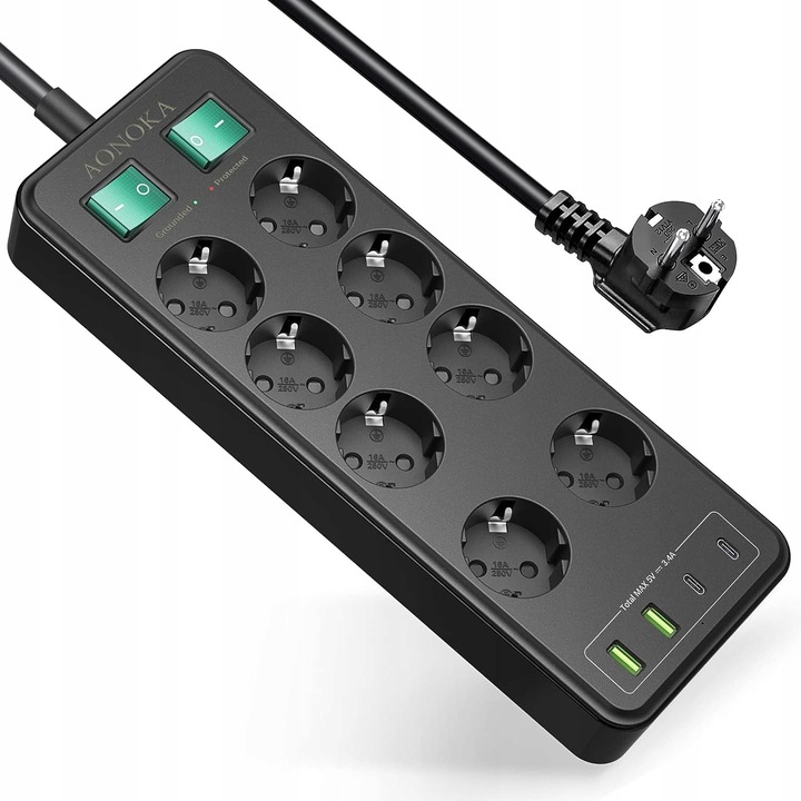 Prelungitor 8 prize cu 2 USB, 2 comutatoare independente, protectie impotriva supratensiunii, 1,5m, negru