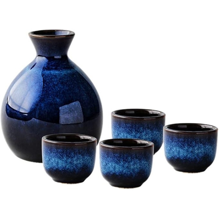 Lurrose Tokkuri japán kerámia szett 4 kék/fekete csészével
