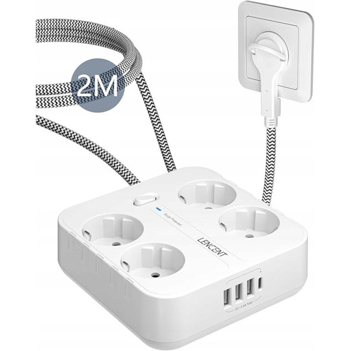 Prelungitor Lencent 4 guri, 3 porturi USB, 1 port USB-C, protectie impotriva supratensiunii, cablu 2m
