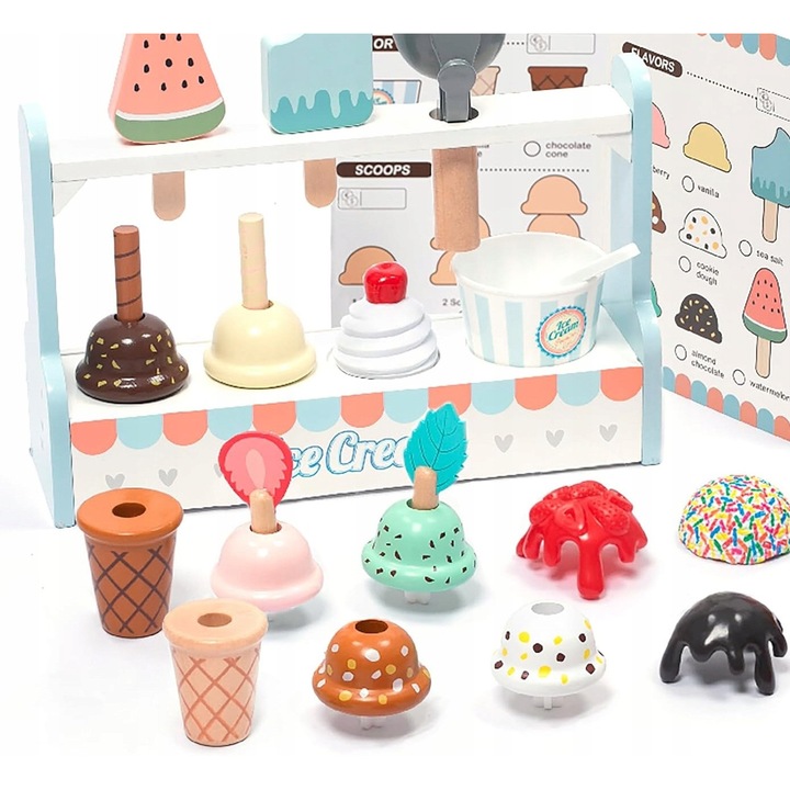 Accesorii din lemn pentru copii, set cu inghetate si accesorii, natural cu accente colorate, 20x9x31,5cm