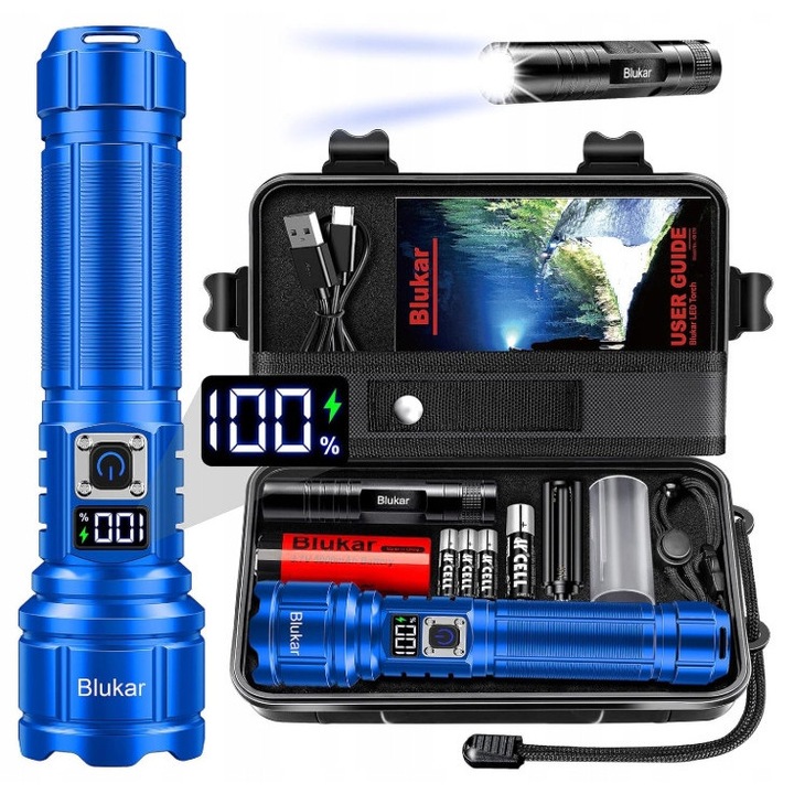 Тактически фенер Blukar LED 5000mAh, IP67, син, с увеличение, USB C, пълен комплект