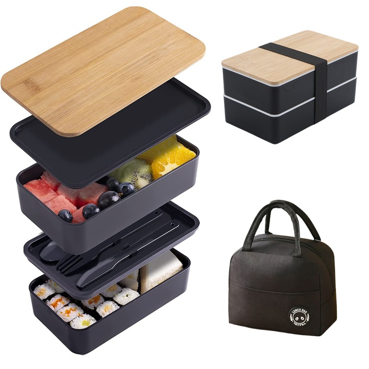 Cutie alimentara set, 1000 ml, 2 compartimente, negru, 18x10x9,3cm