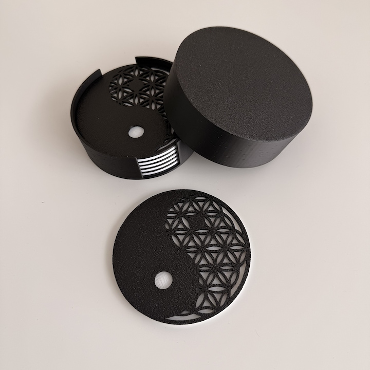 Set 6 suporturi / coastere pahare, Yin Yang, rotund, diametru 9 cm, alb / negru, cutie inclusa, imprimate 3D