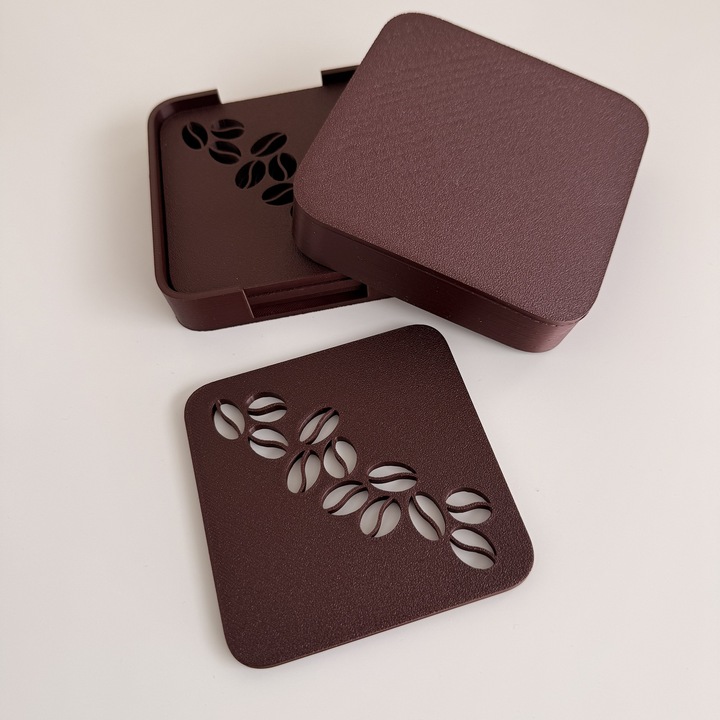 Set 4 suporturi / coastere pahare, Boabe cafea, patrat, 10 X 10 cm, Maro, cutie inclusa, imprimate 3D