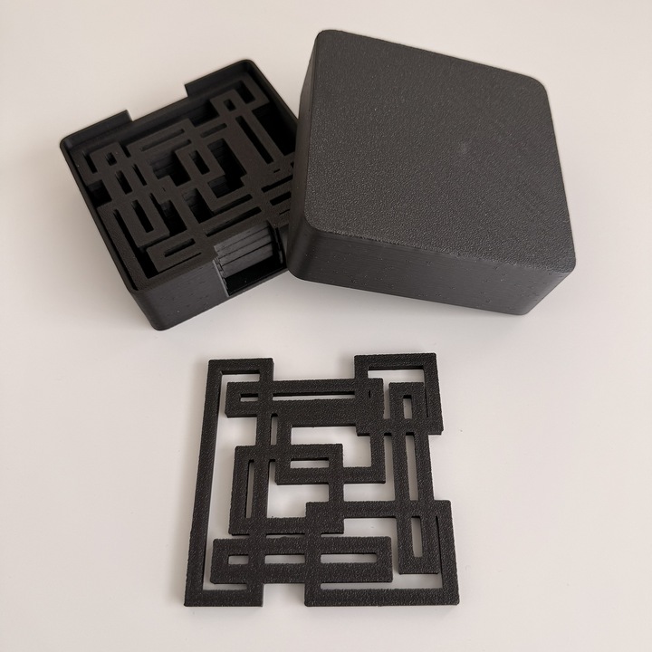 Set 6 suporturi / coastere pahare, patrat, 9 X 9 cm, Negru, cutie inclusa, imprimate 3D