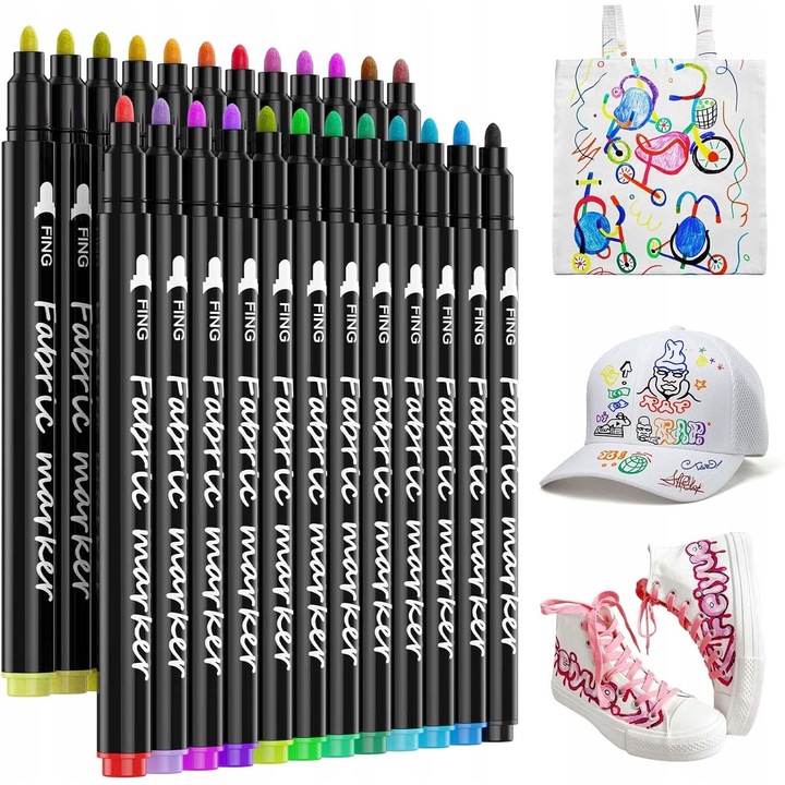 Set de 24 markere textile, culori variate, rezistente la spalare, pentru tesaturi si hartie