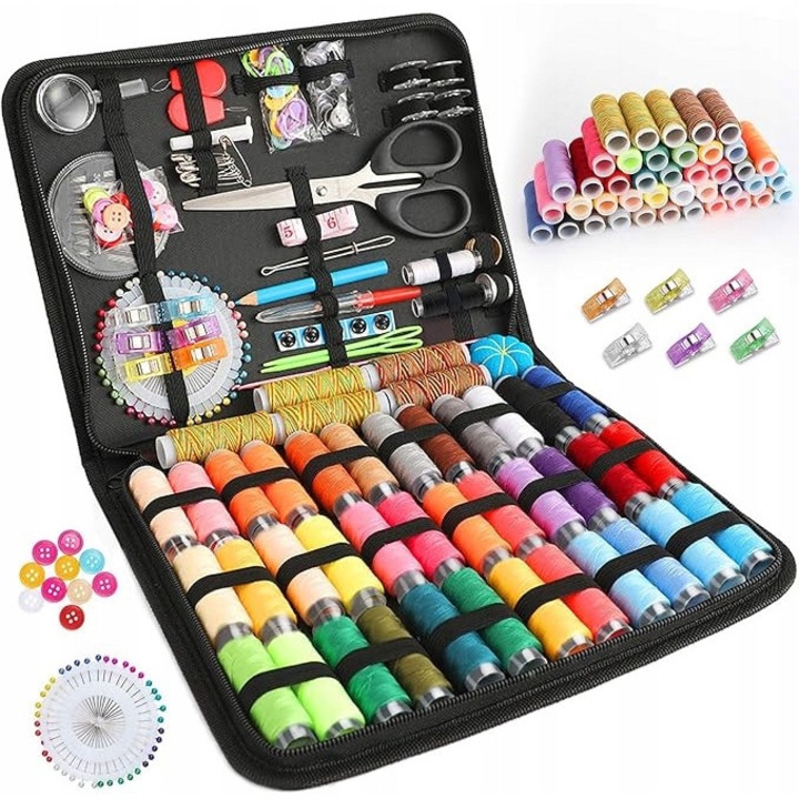 Set complet de cusut 230 piese, 38 role de ata, geanta PU, multicolor