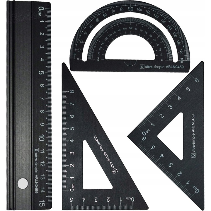 Set geometric metalic, 4 piese, linie 15 cm, triunghi 30/60, triunghi 45/90, unghiometru 180, negru